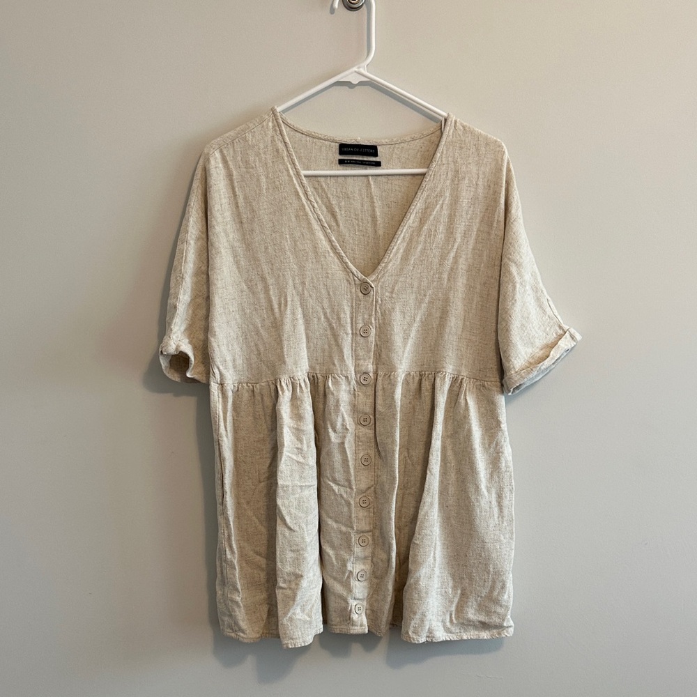 Urban Outfitters Linen Blend Oversized V-Neck Button Down Frock Dress